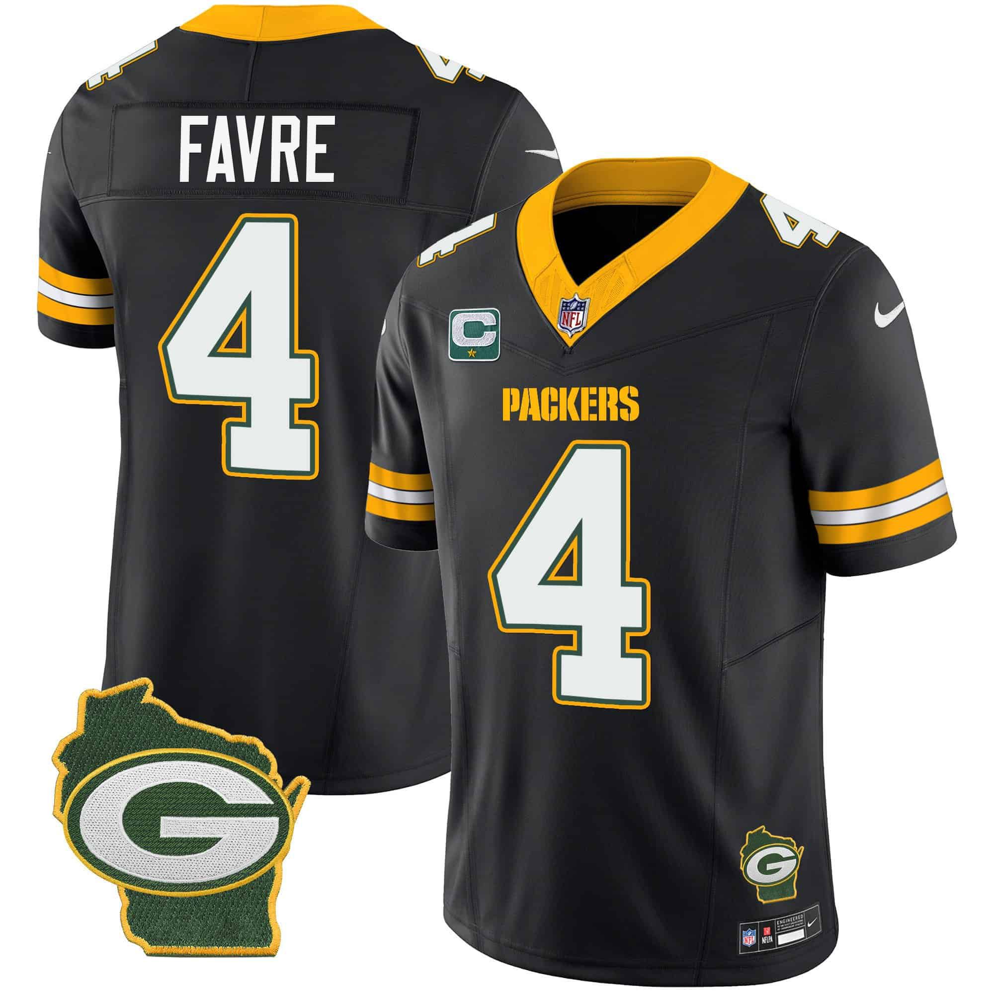 Men Green Bay Packers #4 Favre Black 2024 Nike Home Patch Vapor NFL Jersey style 1